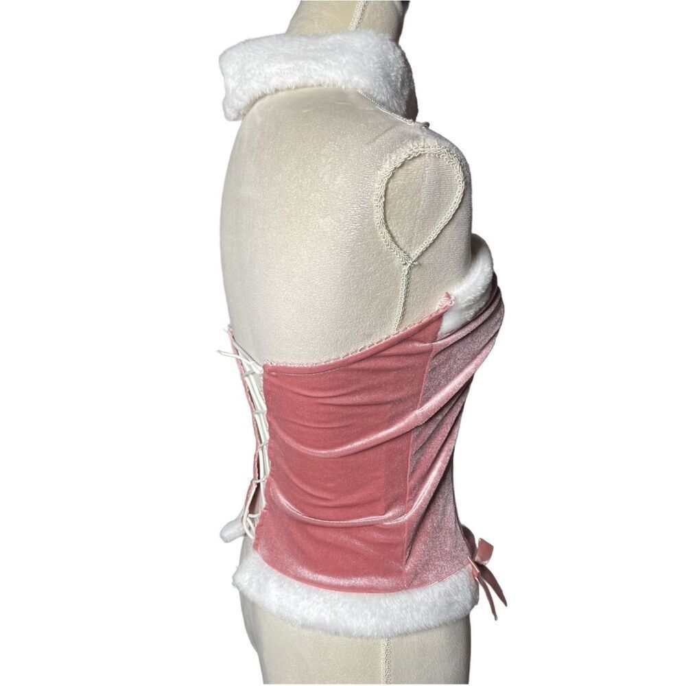 Pink Velvet Faux-Fur Trim Corset Bodice with Fluffy White Collar (Size: Large) - Picture 6 of 12